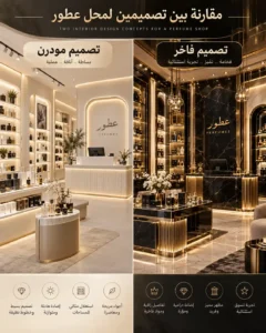 ديكور-محل-عطور-فخم-بأرفف-جدارية-مضاءة-وكاونتر-بسيط 